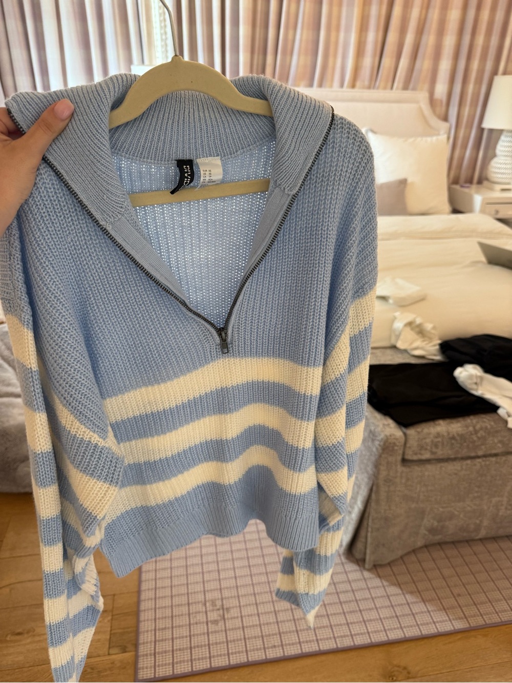 H&M Light Blue & Cream Striped Half-Zip Turtleneck Sweater